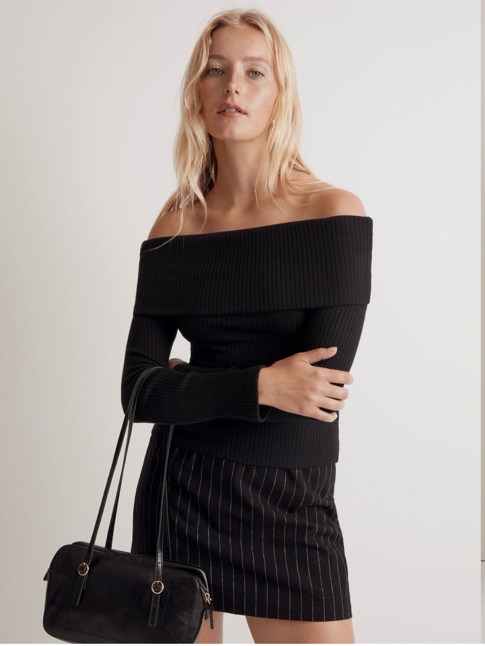 Madewell Off-Shoulder Ribbed Black Top - New w Tags